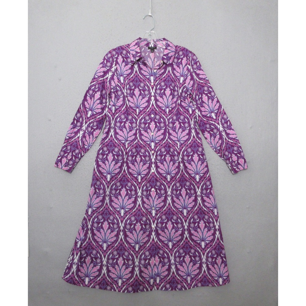 Talbots Shirt Dress 6P Purple Floral Cotton Poplin Long Sleeve Midi Boho Pockets